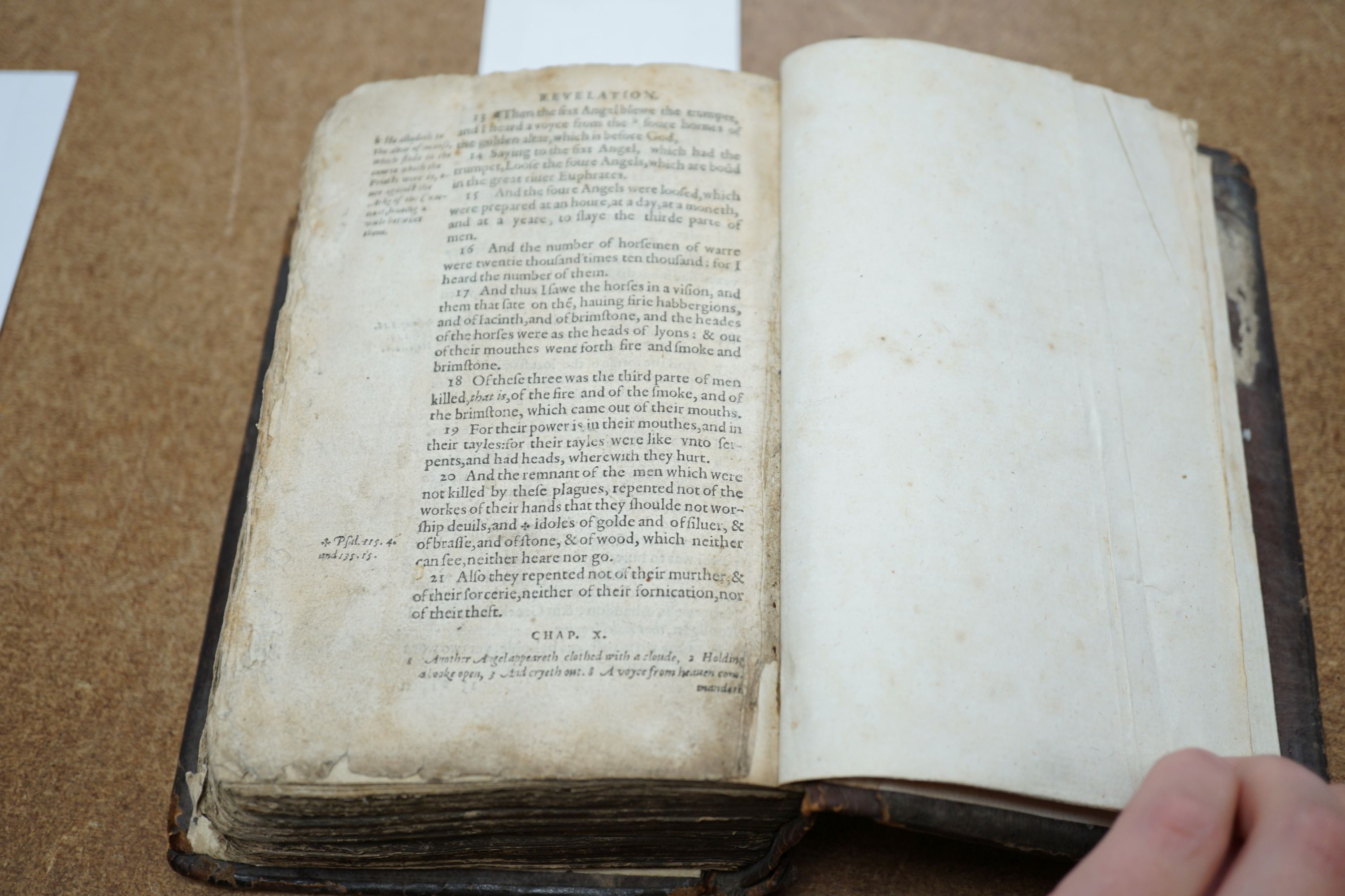 Geneva Bible [English]. - The Holy Bible, 8vo, contemporary calf, covers with lozenge shaped blind stamped device, lacking title, commences at leaf 3, concludes at leaf 445, end papers renewed, London, 1565.